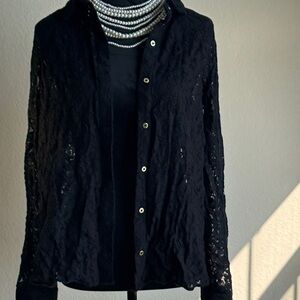 BOLD elements Black Lace Button Down Shirt with Gold Buttons